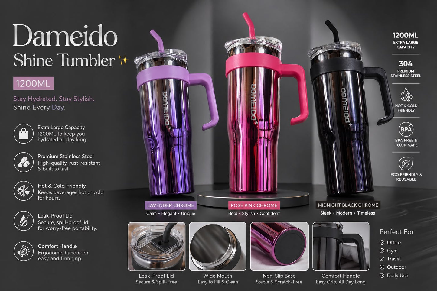 Dameido Shine Tumbler 1200ML in Lavender Chrome, Rose Pink Chrome, and Midnight Black Chrome