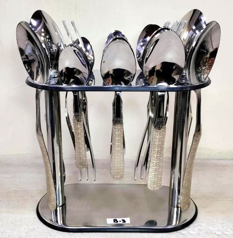 Stainless Steel Cutlery Set with Standing Rack – 29 Pieces | Laser Engraved Design