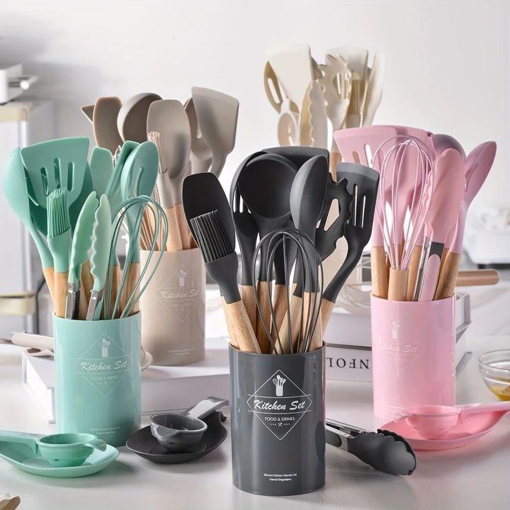 Silicone Kitchen Utensil Set 12-Piece with Wooden Handles & Holder – Multiple Colors