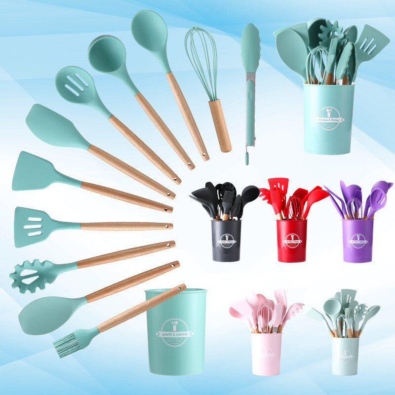 Silicone Kitchen Utensil Set 12-Piece with Wooden Handles & Holder – Multiple Colors