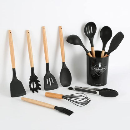 Silicone Kitchen Utensil Set 12-Piece with Wooden Handles & Holder – Multiple Colors