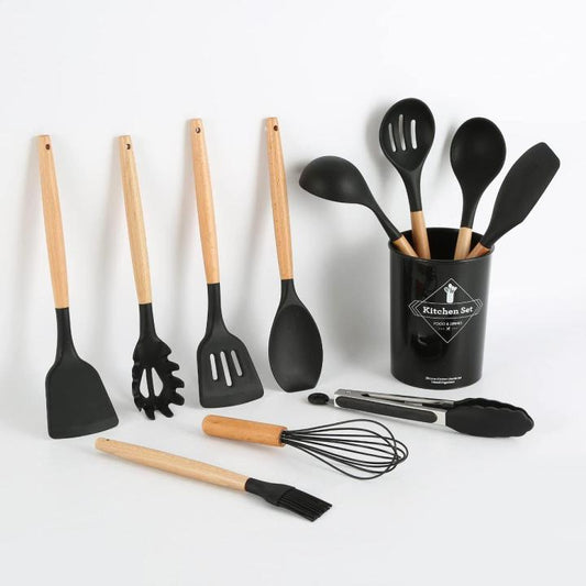 Silicone Kitchen Utensil Set 12-Piece with Wooden Handles & Holder – Multiple Colors