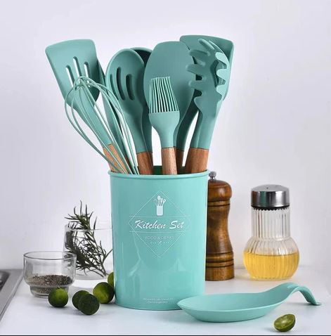 Silicone Kitchen Utensil Set 12-Piece with Wooden Handles & Holder – Multiple Colors