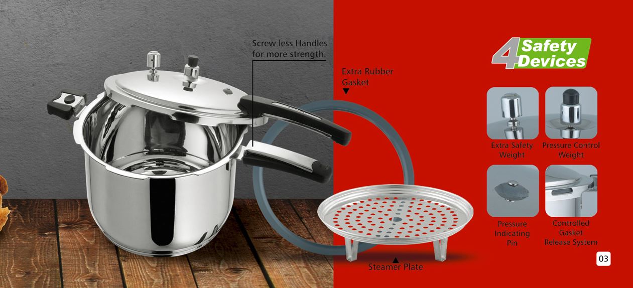 Alpha Stainless Steel Pressure Cooker with 4 Safety Devices & Steamer Plate