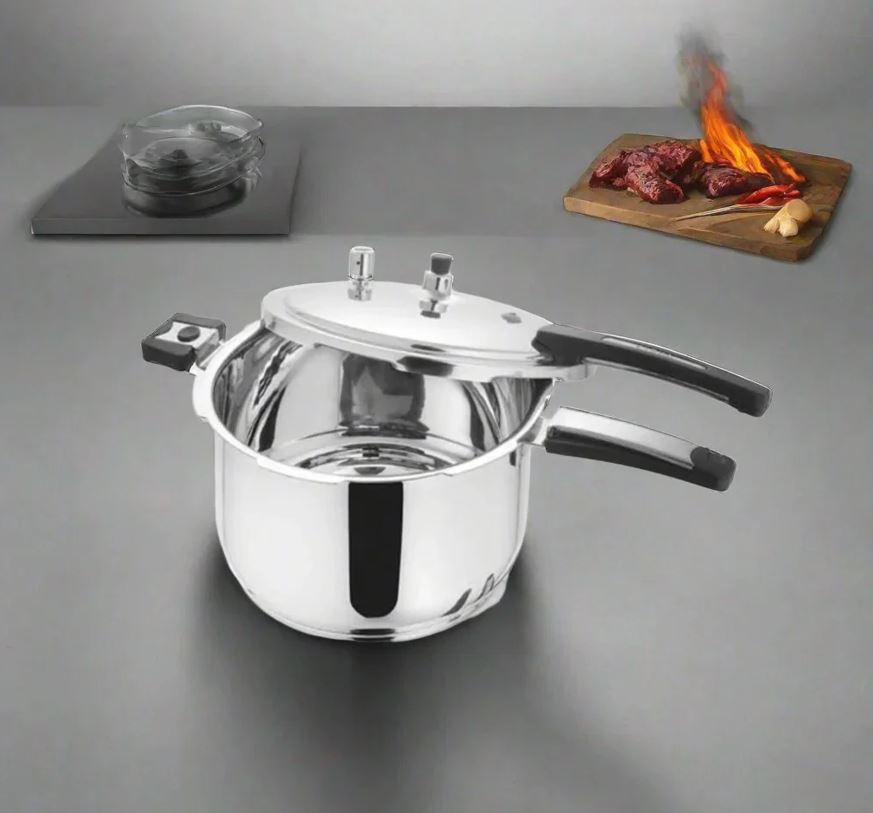 Alpha Stainless Steel Pressure Cooker with 4 Safety Devices & Steamer Plate