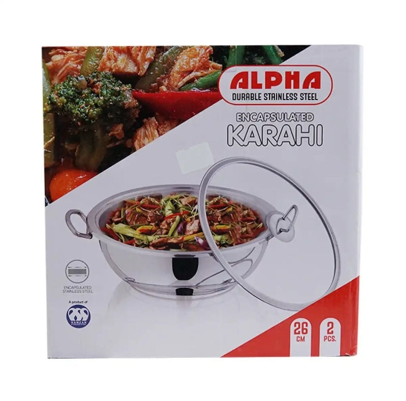 Alpha Encapsulated Stainless Steel Karahi with Glass Lid
