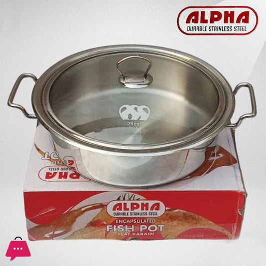 Alpha Stainless Steel Fish Pot – Flat Karahi / Lagan (28cm–40cm)
