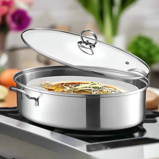 Alpha Stainless Steel Fish Pot – Flat Karahi / Lagan (28cm–40cm)
