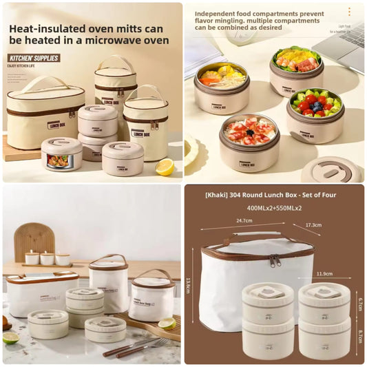 304 Stainless Steel Round Lunch Box Set Khaki – Set of 4 with insulated carry bag