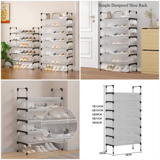 Simple Dustproof Shoe Rack – multiple tier options shown in home setting