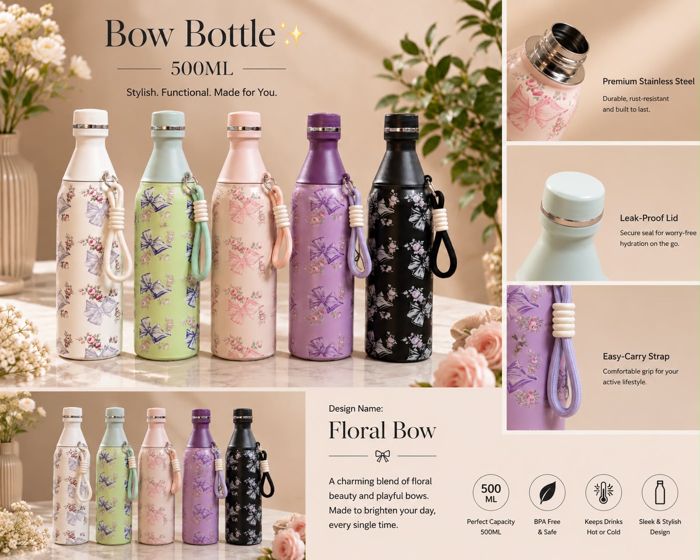 Bow Bottle Floral Bow 500ML – available in Pearl White, Sage Green, Blush Pink, Lavender, and Midnight Black