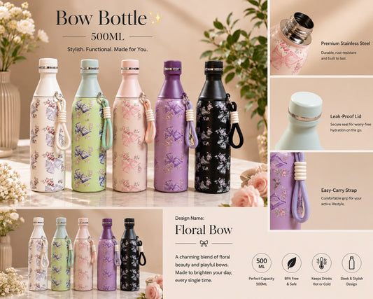Bow Bottle Floral Bow 500ML – available in Pearl White, Sage Green, Blush Pink, Lavender, and Midnight Black