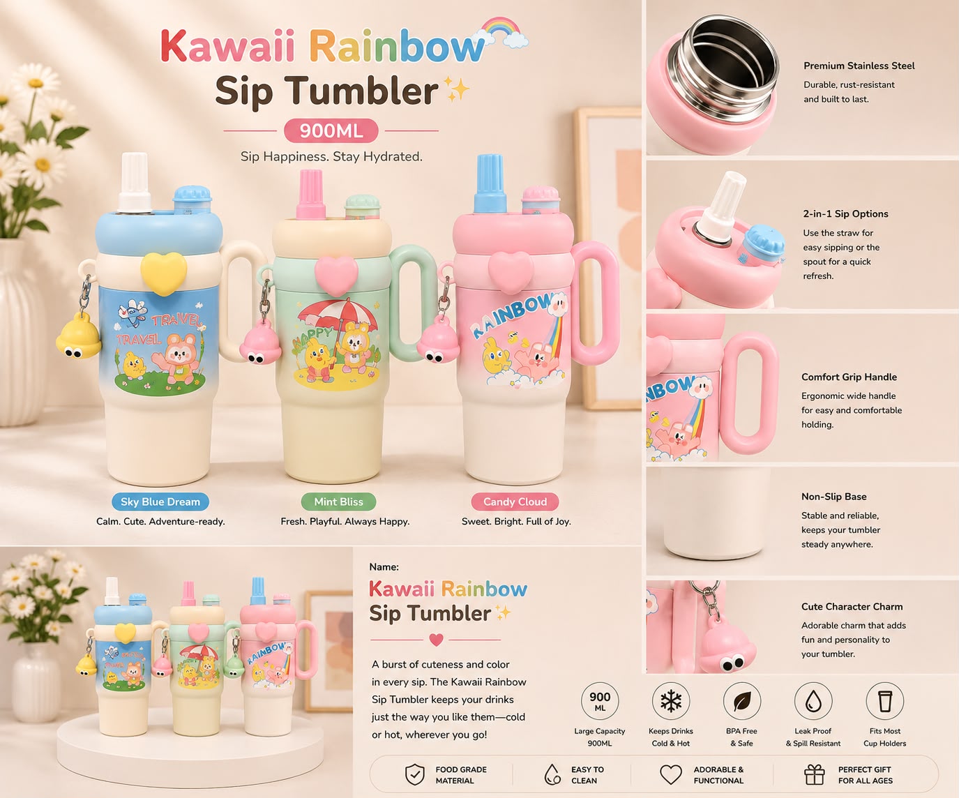 Kawaii Rainbow Sip Tumbler 900ML in Sky Blue Dream, Mint Bliss, and Candy Cloud colors