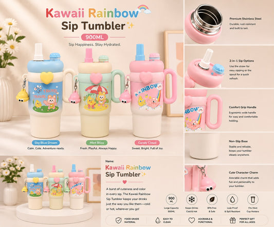 Kawaii Rainbow Sip Tumbler 900ML in Sky Blue Dream, Mint Bliss, and Candy Cloud colors