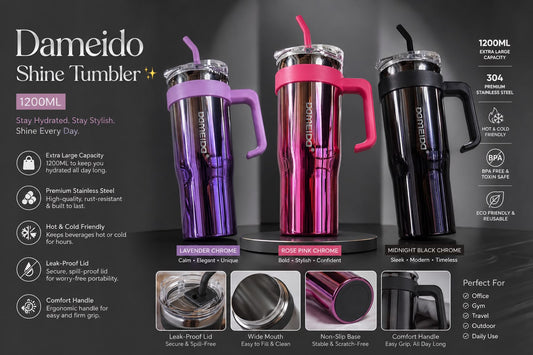 Dameido Shine Tumbler 1200ML in Lavender Chrome, Rose Pink Chrome, and Midnight Black Chrome