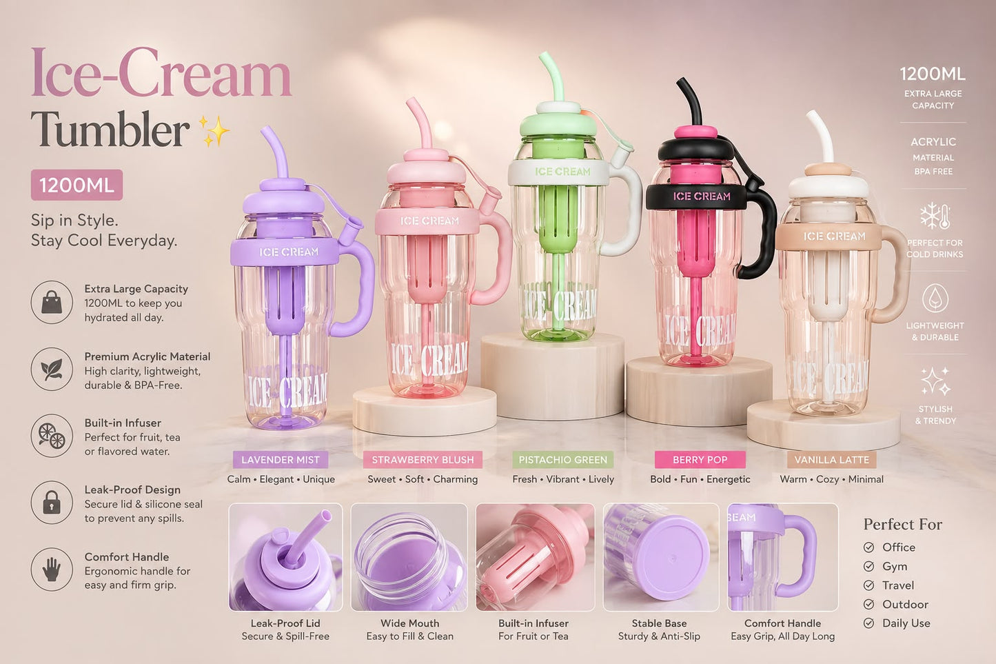 Ice-Cream Tumbler 1200ML in 5 colors: Lavender Mist, Strawberry Blush, Pistachio Green, Berry Pop, and Vanilla Latte