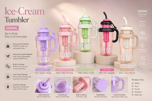 Ice-Cream Tumbler 1200ML in 5 colors: Lavender Mist, Strawberry Blush, Pistachio Green, Berry Pop, and Vanilla Latte