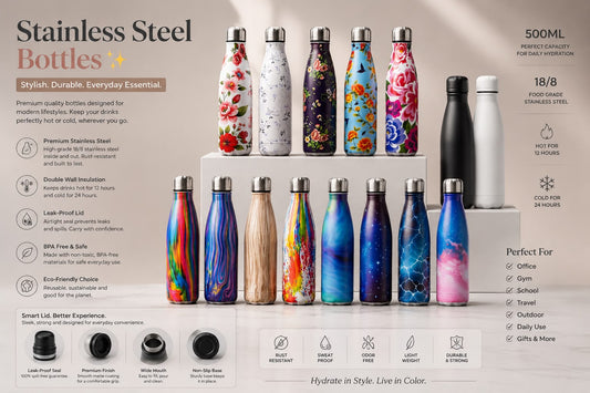 Stainless Steel Water Bottle 500ml — available in multiple colors and floral prints