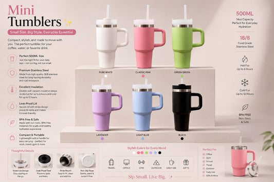 Mini Tumbler 500ml in 6 colors - Pure White, Classic Pink, Green Green, Lavender, Light Blue, Black