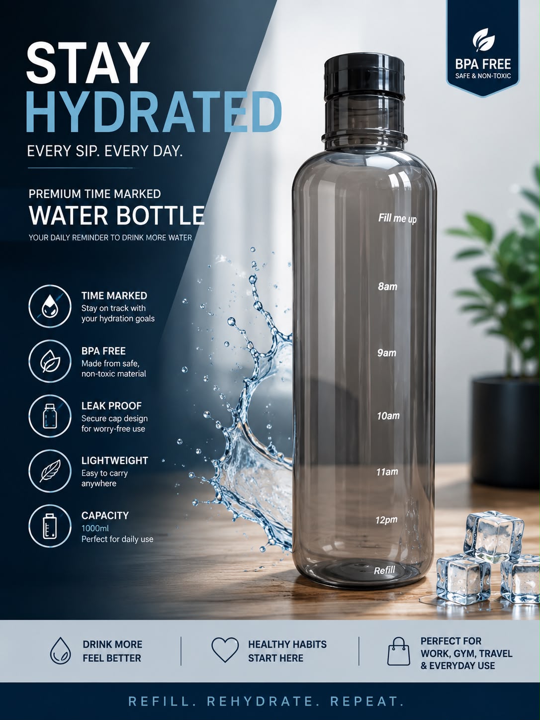 Premium Time Marked Water Bottle 1000ml BPA Free Leak Proof