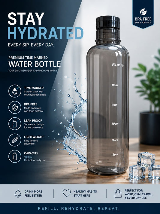 Premium Time Marked Water Bottle 1000ml BPA Free Leak Proof