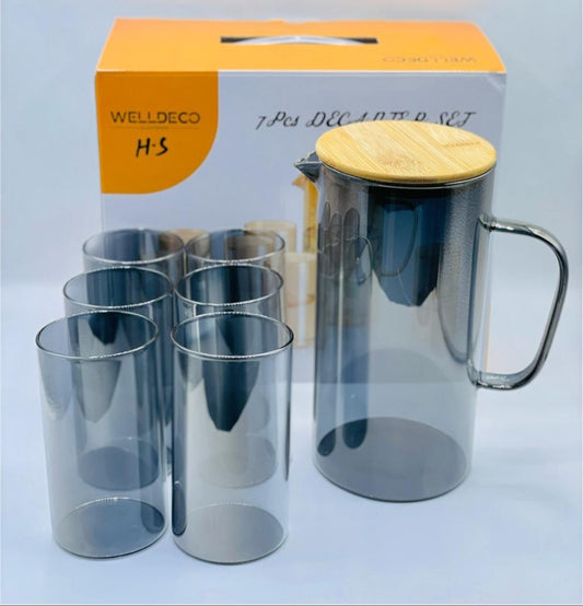 Welldeco 7-Piece Smoked Glass Decanter Set – 1L Jug & 6 Glasses