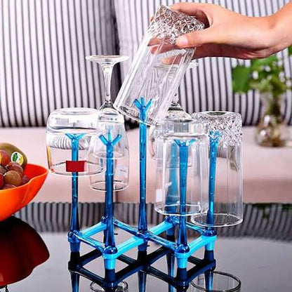 Modular 6-slot blue glass drying rack holding wine glasses and tumblers upside down