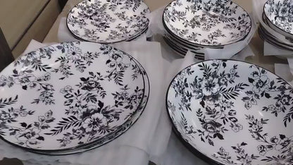 Black Floral Porcelain Dinnerware Set – 28 Pieces | Dishwasher & Microwave Safe